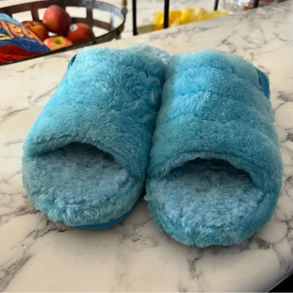 UGG FLUFF YOU Men’s Slipper Sandals 9 Blue Sheepskin Fur - Picture 7 of 14
